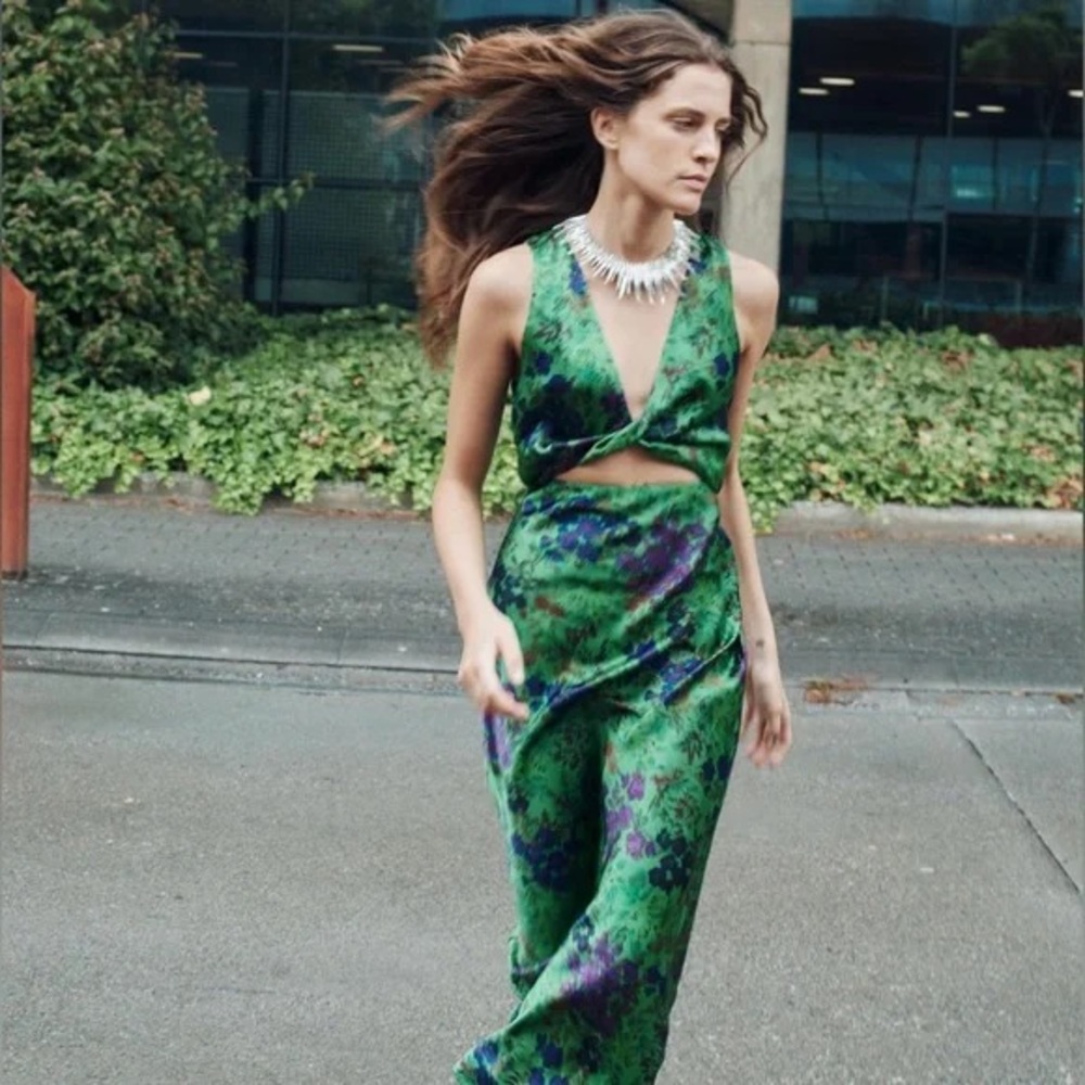 NWT Zara Floral Print Satin Effect Dress S Green Blue Purple